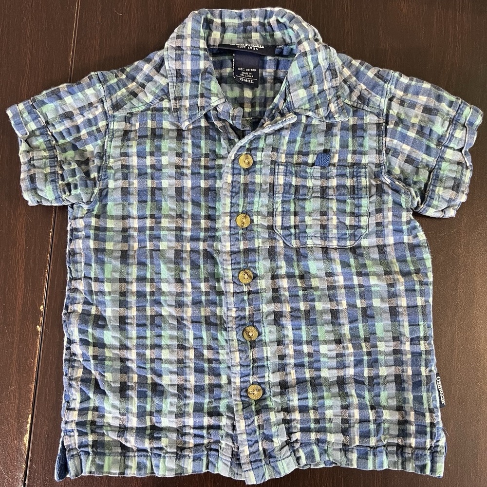OshKosh B'gosh Baby Boys 12M Blue Plaid Seersucker Button Up Shirt EUC